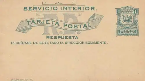 République dominicaine: Post card with answer cart, unused, Servicio Interior