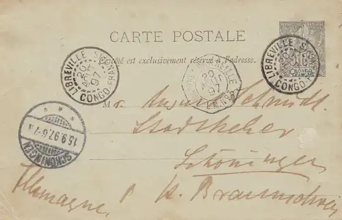 French colonies: Congo: 1897 post card Libreville to Schöningen