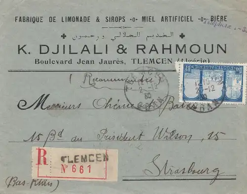 French colonies Algérie 1930: Registered tlemcen to Strasbourg