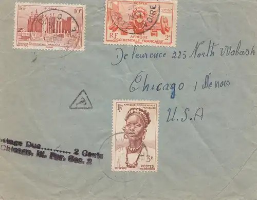 French colonies: Ivory coast 1957 Divo to Chicago/USA, Taxe: Postage due