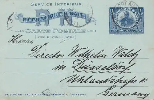 Haïti: 1903: answer card Port au Prince to Dusseldof