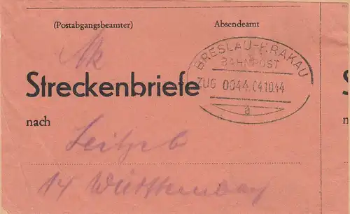 GG 1944: Streckenbriefe mit Bahnpoststempel Breslau-Krakau, aufgeklebt