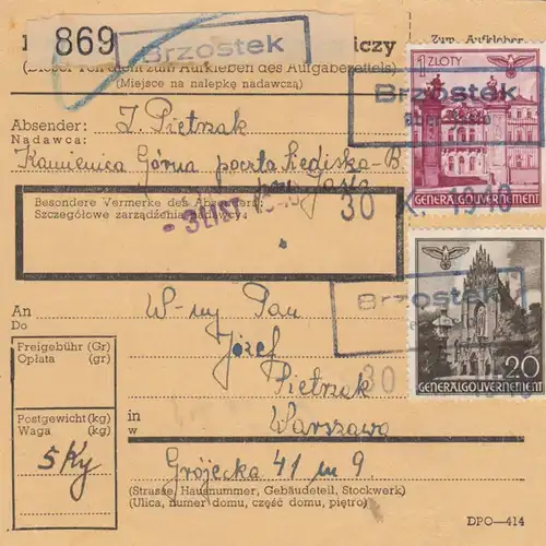 GG Inlandspaketkarte Brzostek nach Warschau, Blanko PNZ