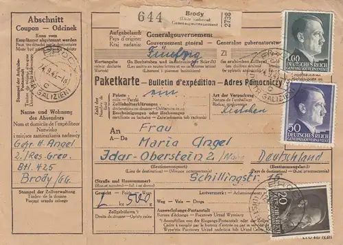 GG: Auslandspaketkarte mit Notpaketkarte Brody nach Idar Oberstein, Feldpost