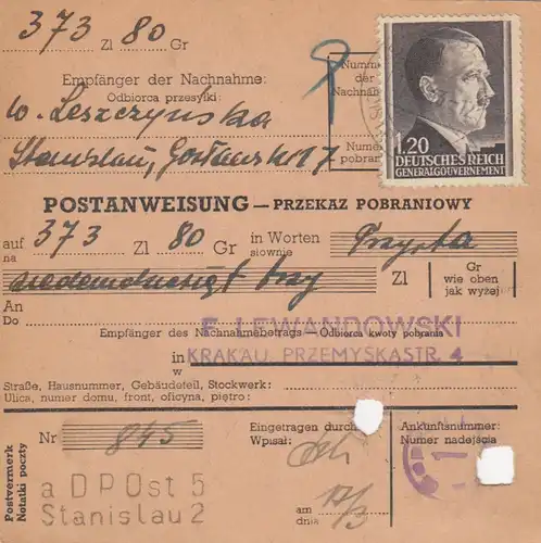 GG Postanweisung Stanislau - Krakau, DP Ost 5, Stanislau 2, EF 87A, portogerecht