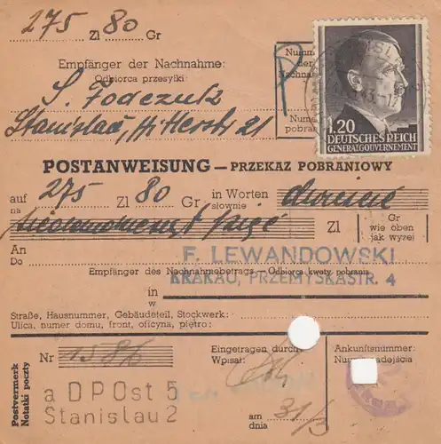 GG Postanweisung Stanislau-Krakau, DP Ost 5, EF, portogerecht