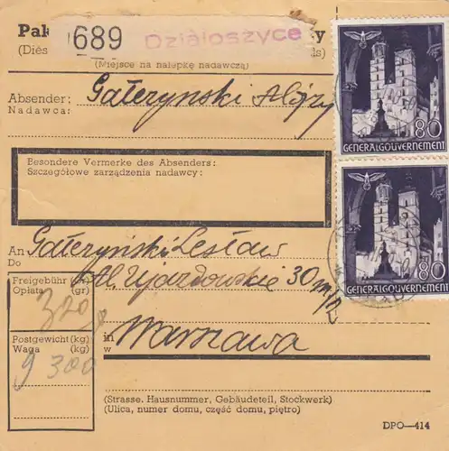 GG: Inlandspaketkarte Dzialoszyce nach Warschau, MeF der 80Gr
