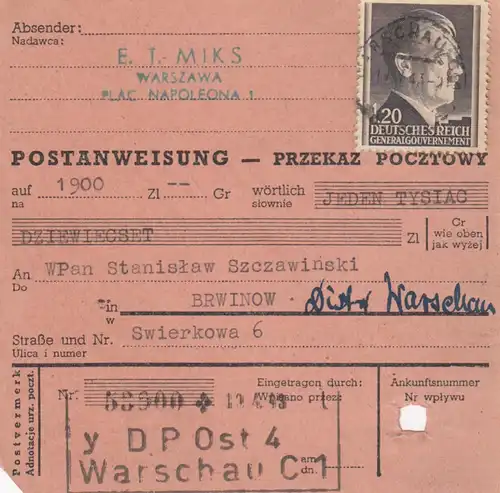 GG: mandat postal Varsovie - Brwinow, DP Est 4, MeF Min. 87A
