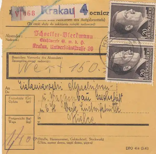 GG: Inlandspaketkarte Wert - Krakau - Kielce Waggonbau, MeF #87A
