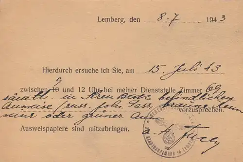 GG: Carte postale de police de Lemberg, citation à comparaître - rendez-vous