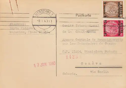 GG Schweiz Warschau als Postkarte an das Rote Kreuz, Kriegsgefangene