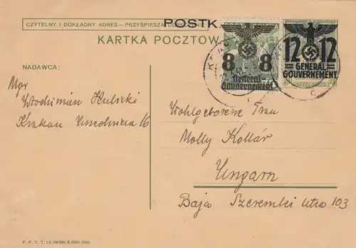 GG Ungarn: Sonderporto Postkarte 20Gr, portogerecht, Zensur Krakau