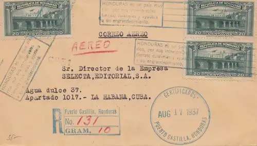 Honduras: 1937: letter from Puerto Castilla to La Habana, registered