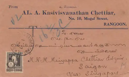 India 1928: Rangoon to Saigon via Singapore, Taxe Indo-Chine