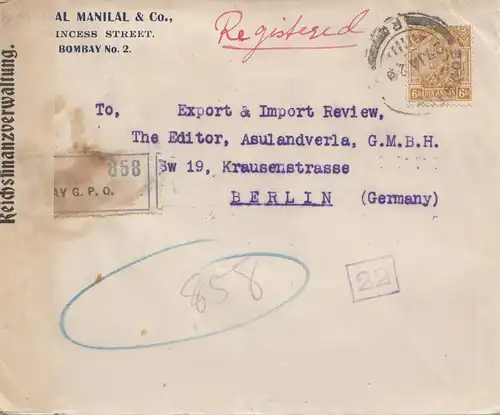 India 1922 regist. Bombay-Berlin, opened Reichsfinanzverwaltung, Postüberwachung