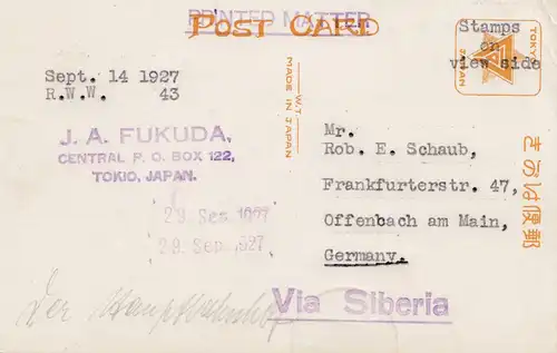 Japon 1927: post card Tokyo Station to Offenbach