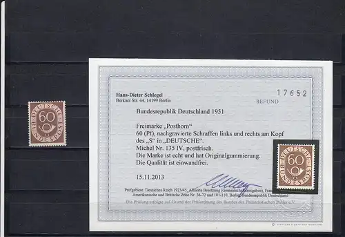 Bund: MiNr. 135 IV, postfrisch mit Plattenfehler, BPP Befund