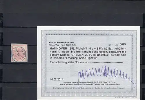 Hannover, MiNr. 6a, cacheté Bremen, BPP résultat