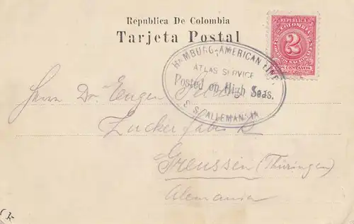 Colombia post card Barranquilla via Hamburg-American Linie, High Sea Posted