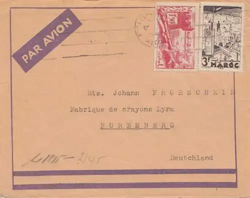 Maroc 1942: air mail to Nürnberg, pencil factory, censor