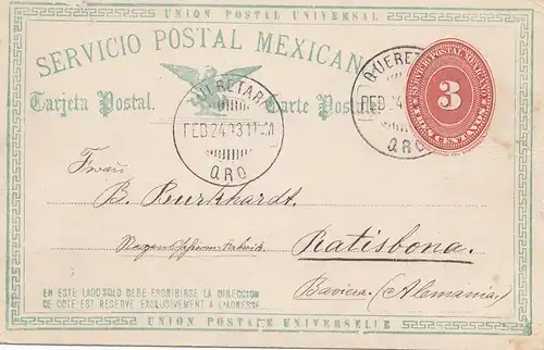 Mexico 1893: post card Querez to Ratisbona/Regensburg