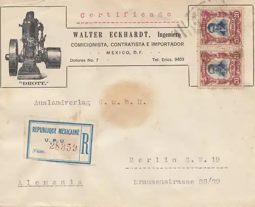 Mexico 1922: Registered letter Mexico to Berlin