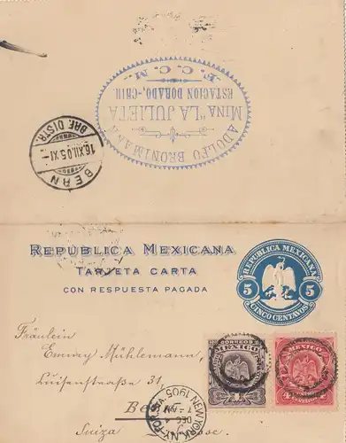 Mexico 1905: post card via New York to Bern/Switzerland