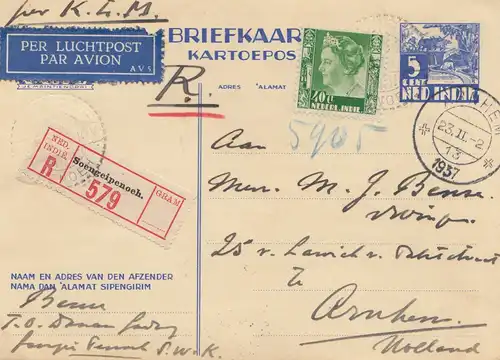 Ned. Indie 1937: post card registered/air mail Soengeipenoeh to Arnheim/Holland