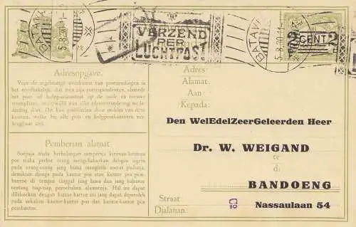 Ned. Indie 1930 Batavia to Bandoeng - post card adress change, cancel Luchtpost