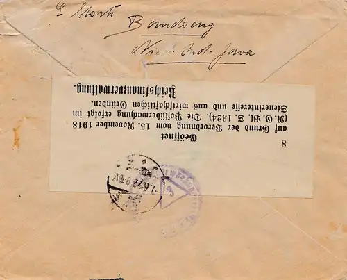 Ned. Indie 1922: Registered Bandoeng to Lehe, censor Reichsfinanzverwaltung