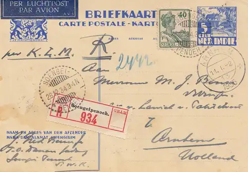 Ned. Indie 1934: registered post card Soengeipenoeh to Arnhem/Holland