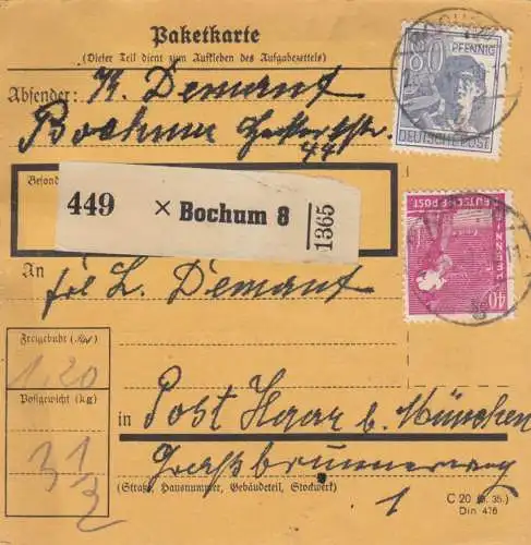 Paketkarte 1948: Bochum nach Post Haar b. München