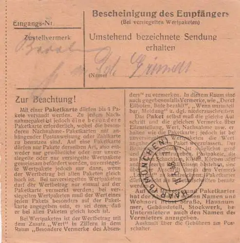 Paketkarte 1948: Cham nach Eglfing-Haar