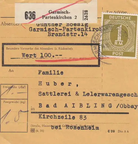Paketkarte: Garmisch-Patenkirchen nach Bad Aibling, Wertpaketkarte