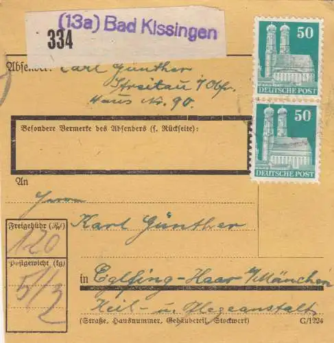 BiZone Paketkarte 1948: Bad Kissingen nach Eglfing-Haar, Heil- u. Pflegeanstalt