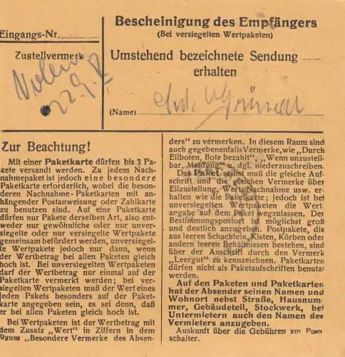 BiZone Paketkarte 1948: Millenberg nach Haar, Anstalt Eglfing