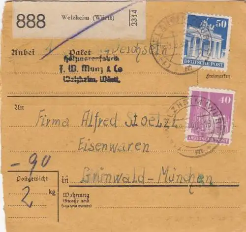 BiZone Paketkarte 1948: Welzheim nach Grünwald-München