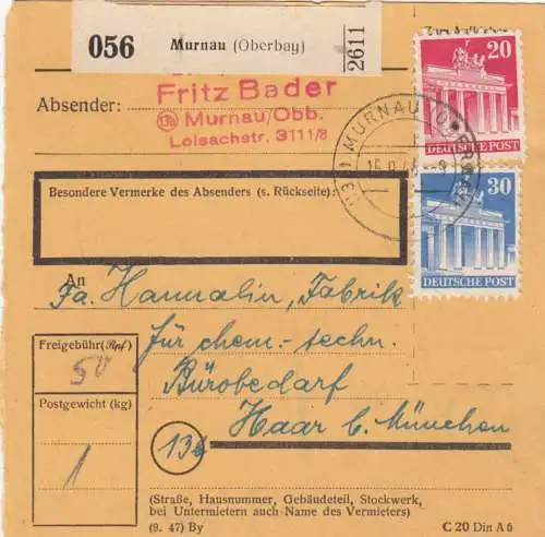 BiZone Paketkarte 1948: Murnau nach Haar b. München, Bürobedarf