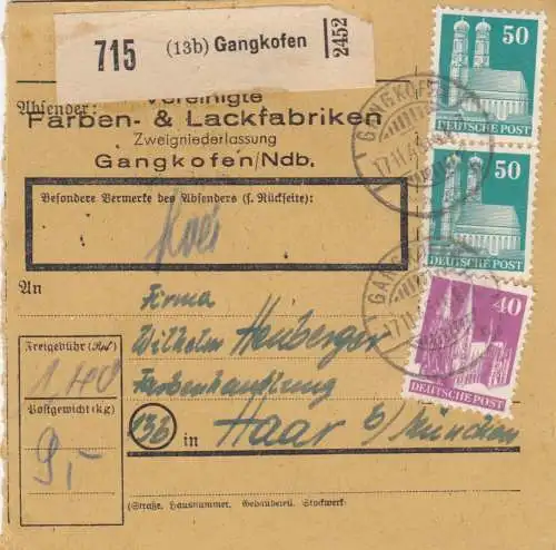 BiZone Paketkarte 1948: Gangkofen nach Haar bei München