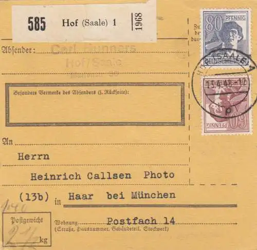 Paketkarte 1948: Hof (Saale) nach Haar bei München