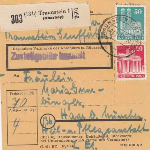 BiZone Paketkarte 1948: Traunstein nach Haar, Heilanstalt