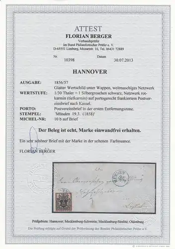 Hanovre: Min. 10b sur lettre 1858 Münden, BPP Attest