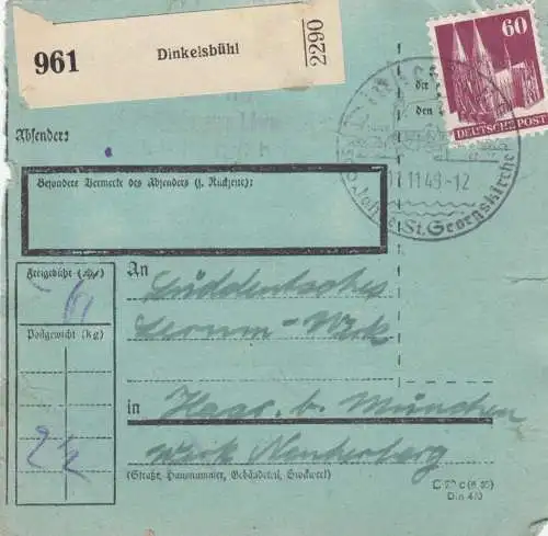 BiZone Paketkarte 1948: Dinkelsbühl nach Haar b. München, seltenes Formular