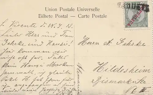 Saint Vincent 1913: post card Cabo Verde to Hildesheim