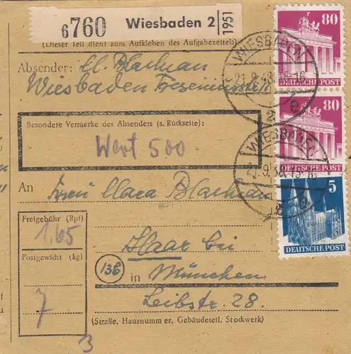 BiZone Paketkarte 1948: Wiesbaden nach Haar, Wertkarte