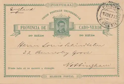 Cabo Verde: 1893: post card St. Vicente to Nottingham