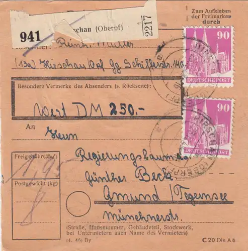 BiZone Paketkarte 1948: Hirschau nach Gmund, Wert 250 DM