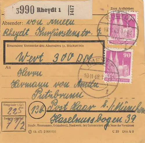 BiZone Paketkarte 1948: Rheydt nach Putzbrunn, Wertkarte 300 DM