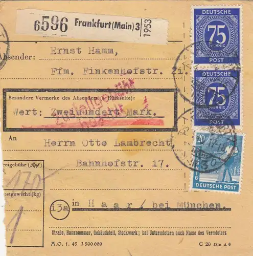 Paketkarte 1948: Frankfurt nach Haar, Wertkarte 200 Mark