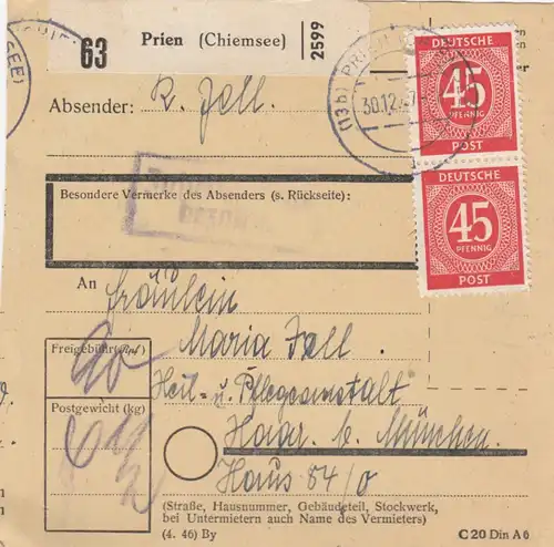 Paketkarte 1947: Prien Chiemsee nach Haar, Pflegeanstalt